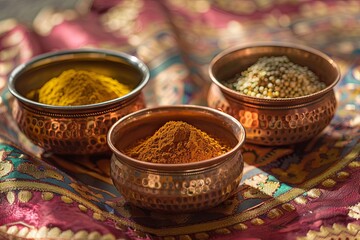 Fototapeta premium Close-up of traditional Indian spices, including turmeric, cumin, coriander, and garam masala, displayed in copper bowls against a colorful fabric background. Generative AI