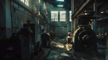 A dark, abandoned industrial building with a large, rusty machine in the center