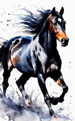 Fototapeta premium illustration of a galloping black horse, ink painting, watercolor, and abstract on a white background.