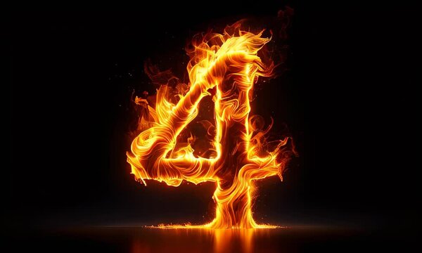 The number 4 is depicted in vibrant, glowing flames. The intense orange and yellow fire highlights the numeral against a dark black background