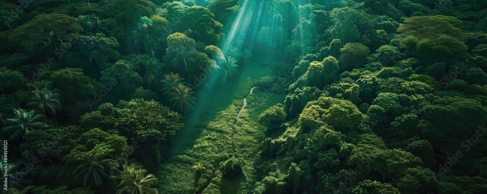 Poster a breathtaking aerial view of a lush green rainforest with sunlight rays piercing through the canopy