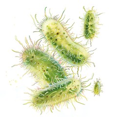 Naklejka premium Microscopic view of bacteria cells, detailed and green. Suitable for science and microbiology references in educational resources.