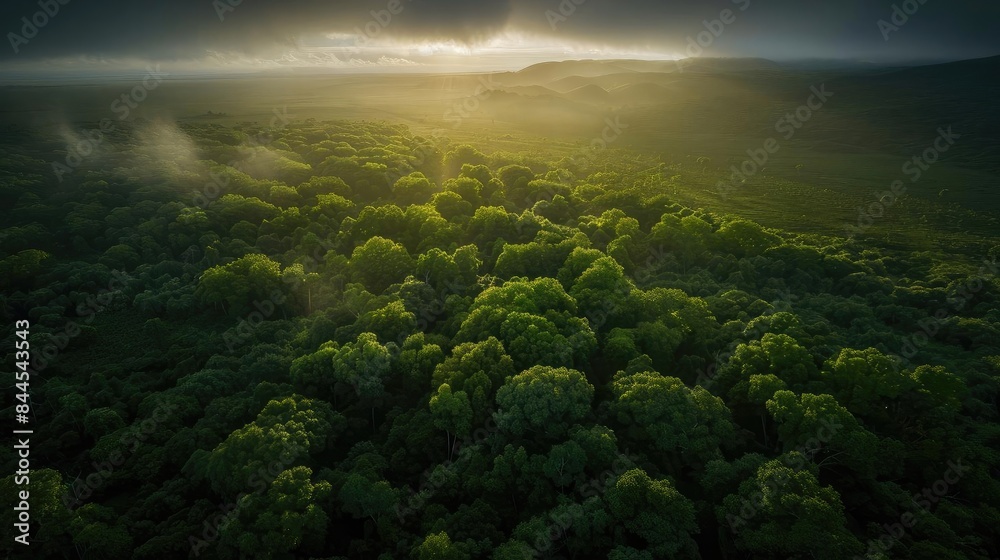 Poster Aerial view of lush green forest under a cloudy sky with sun rays shining through, creating a mystical and serene atmosphere.