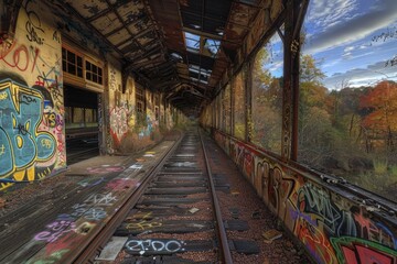 Obraz premium A train track with graffiti on the walls and a bridge over the tracks