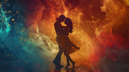 background couple man and women dancing on colorful background