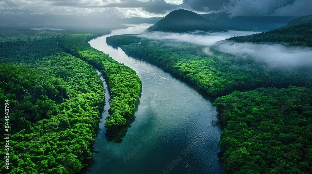 Poster aerial view of a lush, green river winding through a tropical forest with mist and mountains in the 