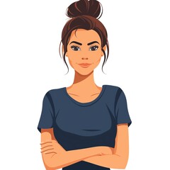 Illustration of a confident young woman with arms crossed wearing a navy blue t-shirt, isolated on white background.