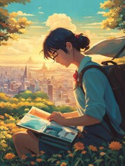 Illustration of a girl who loves traveling, carrying a suitcase, reading a travel guide in anime, watercolor and cartoon style.