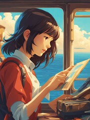 Illustration of a girl who loves traveling, carrying a suitcase, reading a travel guide in anime, watercolor and cartoon style.