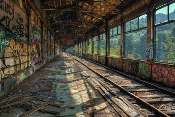Obraz premium A train station with graffiti on the walls and a train track