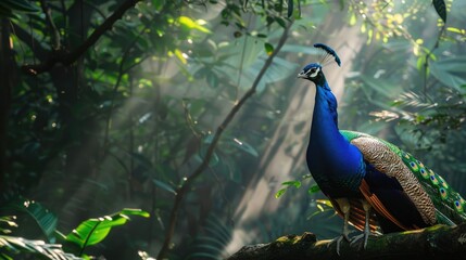 Obraz premium Vivid Peacock Displaying its Feathers in Lush Jungle - Majestic Wildlife Photography with Fujifilm X-T4 50-140mm Lens