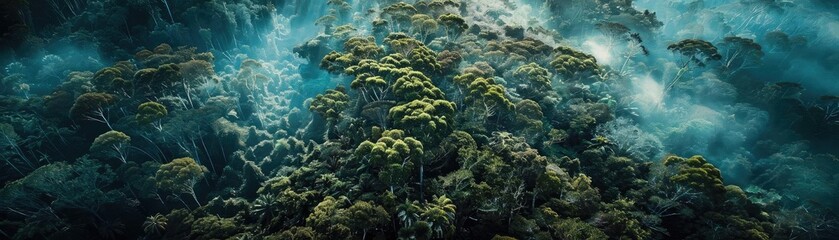 Fototapeta premium Aerial view of lush, misty rainforest canopy with dense green foliage, highlighting the natural beauty and biodiversity of the environment.