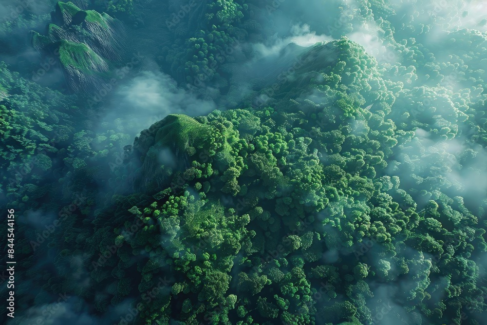 Poster Aerial view of a lush green forest with mist and clouds enveloping the treetops, creating a serene and mystical natural landscape.