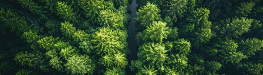 Fototapeta premium Aerial view of lush green forest with dense trees and a visible trail. Perfect for nature, travel, and outdoor themed projects.