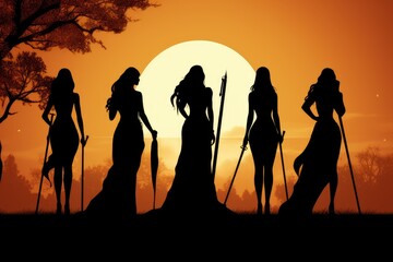 Silhouette of five female warriors standing with weapons at sunset, evoking strength and empowerment