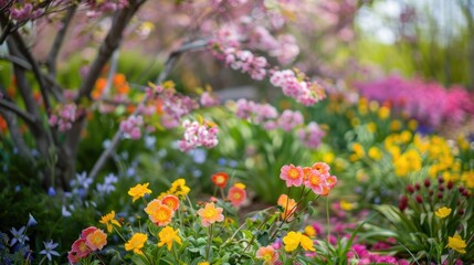 Obraz premium Vibrant Spring Garden: Cherry Blossoms and Wildflowers in Full Bloom Captured with Nikon D850 50mm f/1.8 Lens