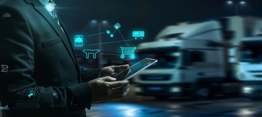 Online transportation service: blurry dark background with a Man in a suit with a tablet