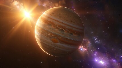   An artist's depiction of a celestial orb surrounded by an ethereal cosmic landscape, illuminated by the luminous radiance of a foreground star and the