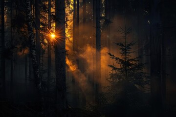 Sunset in a misty forest with rays of light streaming through the trees, creating a mystical and serene atmosphere.