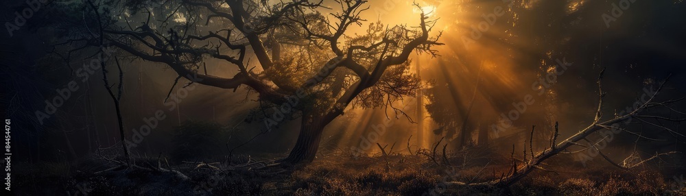 Poster mysterious forest bathed in golden sunlight, showcasing dramatic light rays piercing through ancient