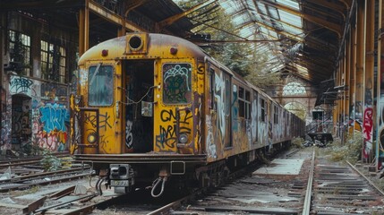 Obraz premium A yellow train with graffiti on it sits on the tracks