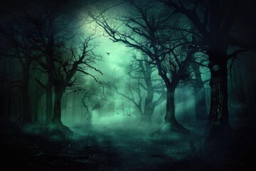 Naklejka premium Mysterious foggy dark forest with silhouetted trees and eerie atmosphere, perfect for horror themes and Halloween backgrounds.