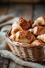 Fresh croissants in a basket: delicious baked goods up close on a fuzzy light brown background