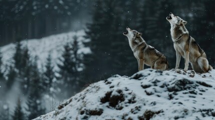 Mystical Howling Wolves: Majestic Wildlife in Moonlit Snowy Forest