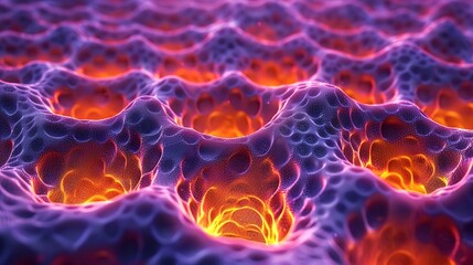 An abstract image of a swirling purple and orange pattern resembling a close-up view of a textured surface