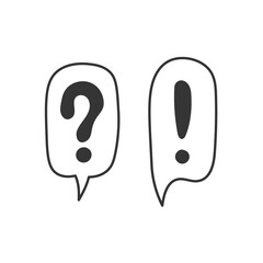 Question Mark Exclamation Point Speech Bubble Doodle. Hand drawn comic balloons with symbols. Outline vector illustration.