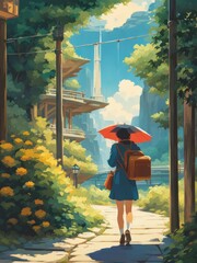 Illustration of a girl who loves traveling, carrying a suitcase, reading a travel guide in anime, watercolor and cartoon style.