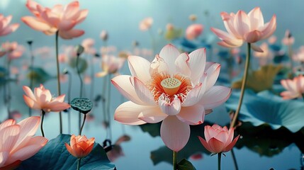 Obraz premium A cluster of pink lilies bobbing on a water surface surrounded by nearby lily pads