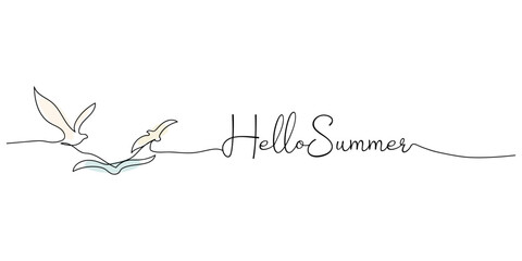 Sea gull are hand drawn. Line drawing of a continuous line. Single line drawing for summertime design. Hello summer