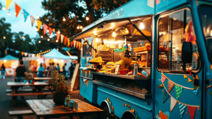 Food truck serving diverse cuisine at a cultural festival, with a festive blue decor and lively evening ambiance.