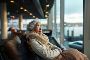 Senior mixed race female traveler reclining in comfort at a luxury recovery facility, wrapped in warmth, with serene views and modern design promoting relaxation.