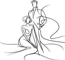 Man talking with a woman couple in continuous line art drawing style. Black linear sketch isolated on white background. Vector illustration. Valentines day minimalist modern drawing.