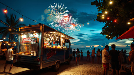 Obraz premium Food truck adorned with holiday decorations with popular street food on beach party. Evening lights and vacation tropical celebration atmosphere.