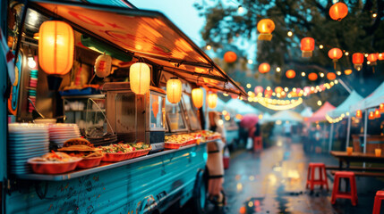 Food truck adorned with holiday decorations with popular street food. Evening lights and urban celebration atmosphere