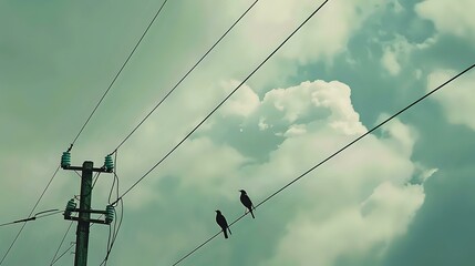Power Transmission Lines of Electricity. Scenic Footage with some birds sitting on the wire of electricity