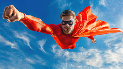 Superhero flying in blue skies