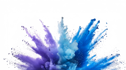 A cobalt blue, light blue and light violet explosion smoke of holi paint color powder isolated on transparent or white background