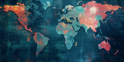 Obraz premium A colorful and artistic representation of the world map, done in an abstract watercolor style, capturing the diversity and vibrancy of various continents and regions.
