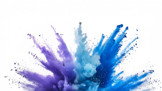 A cobalt blue, light blue and light violet explosion smoke of holi paint color powder isolated on transparent or white background