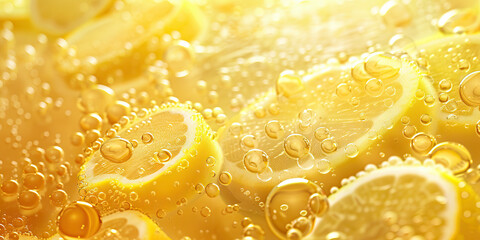 Lemon yellow disinfectant particle effectiveness microbiology.  Close up liquid cleaner.