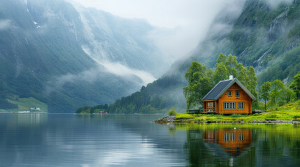 Fototapeta premium Scandinavian house in remote area near the lake of fjord