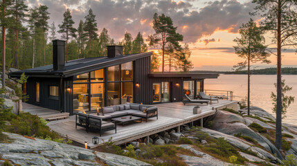Obraz premium Futuristic luxurious Scandinavian house in remote area near lake of fjord