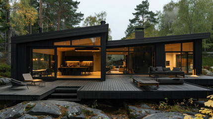 Modern Scandinavian architecture house in remote area near lake of fjord
