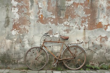 An old rusty bicycle is leaning against a wall