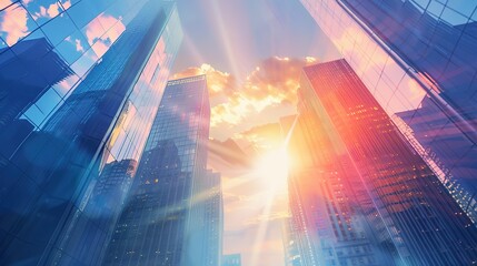 Glass facades of a skyscraper on a bright sunny day with sun rays close-up. Modern buildings in the business district. Economics, finance, business concept. side view