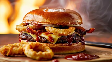BBQ bacon cheeseburger with onion rings, toasted bun, smoky background, digital art, hearty and mouth-watering
